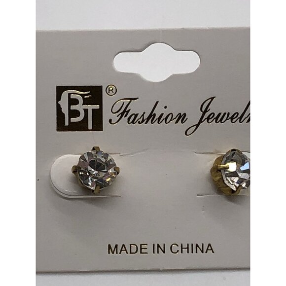 BT Fashion Jewelry Round Crystal Stud Earrings Gold Tone Rhinestone Accent - Picture 1 of 4